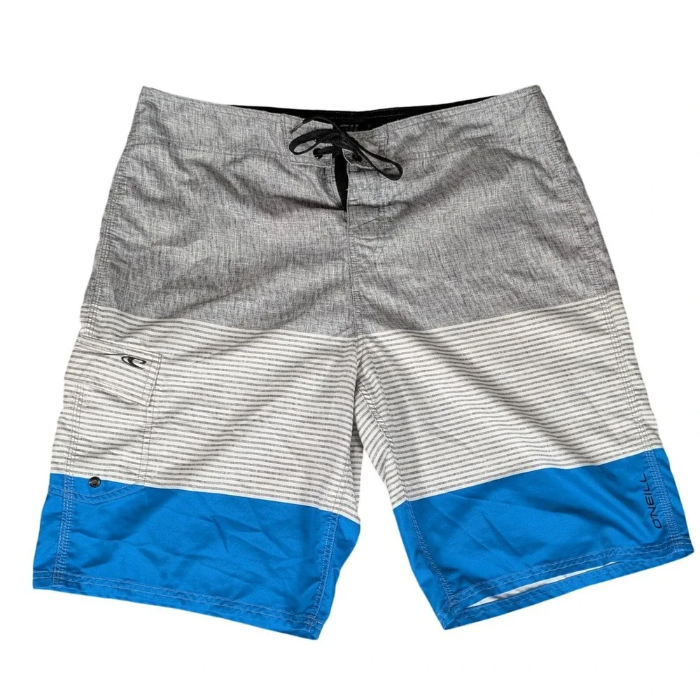 O'Neill Mens Board Shorts Grey Blue Striped Colorblock Swim Trunks Side Pocket